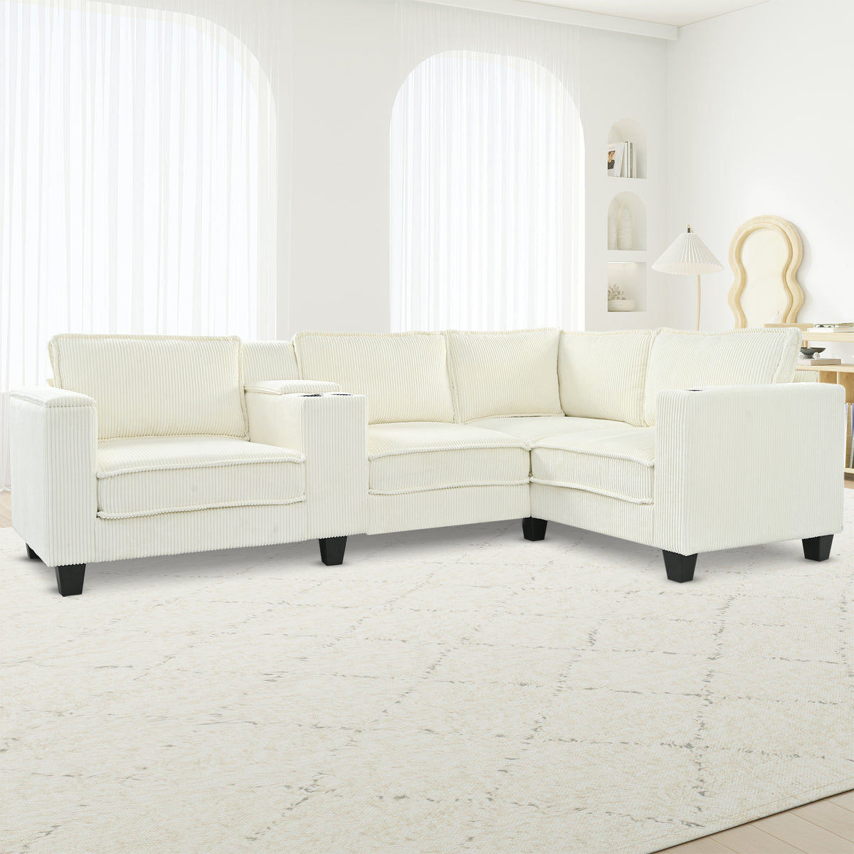 L-shaped 4-seater 105.5''*66.5'' corduroy sofa, large storage armrests with center console, USB charging, left and right seats can be switched, 2 packages of 130