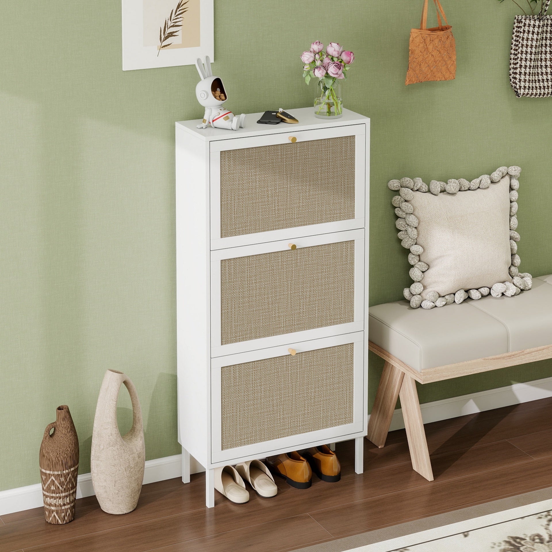 Rattan 3 Door Shoe Rack, Freestanding Modern Shoe Storage Cabinet, for Entryway