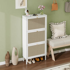 Rattan 3 Door Shoe Rack, Freestanding Modern Shoe Storage Cabinet, for Entryway
