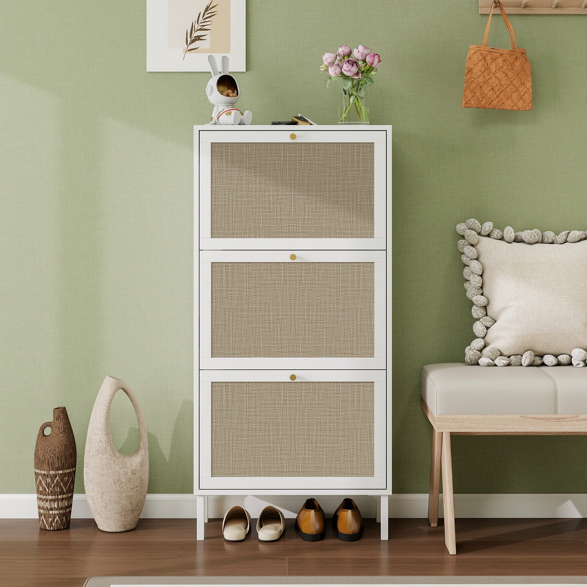 Rattan 3 Door Shoe Rack, Freestanding Modern Shoe Storage Cabinet, for Entryway