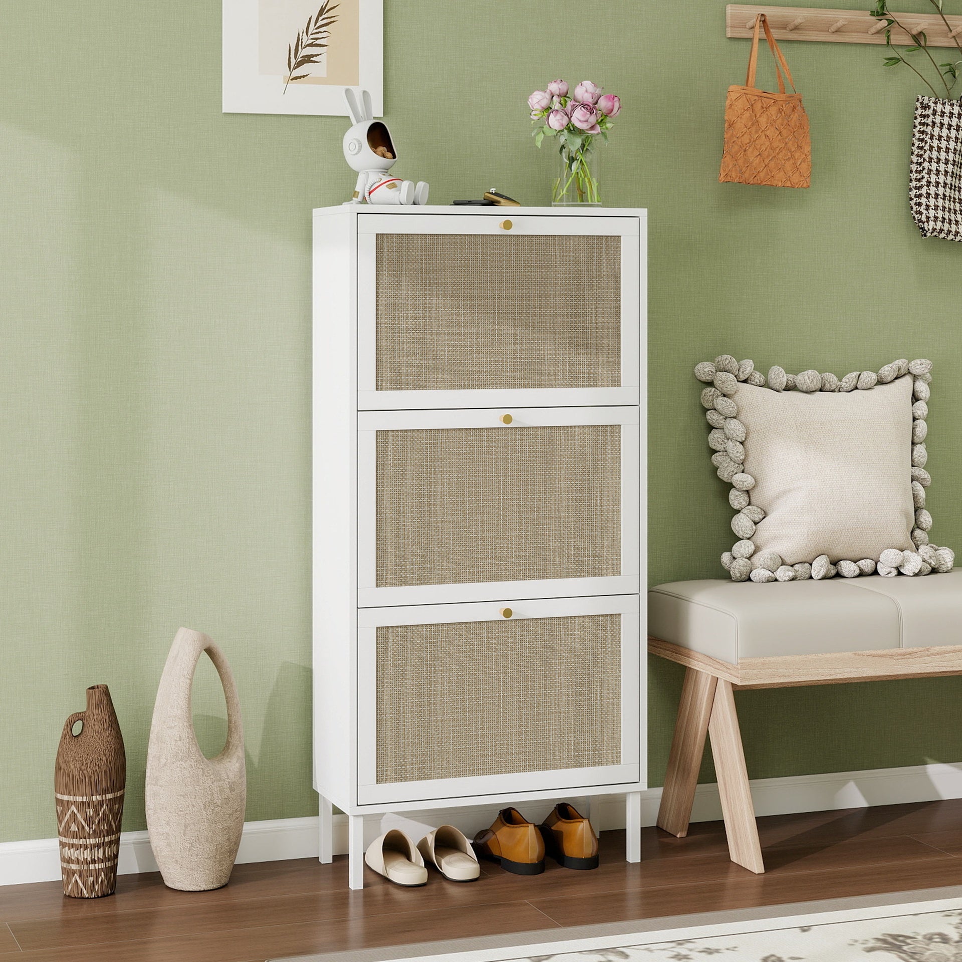 Rattan 3 Door Shoe Rack, Freestanding Modern Shoe Storage Cabinet, for Entryway
