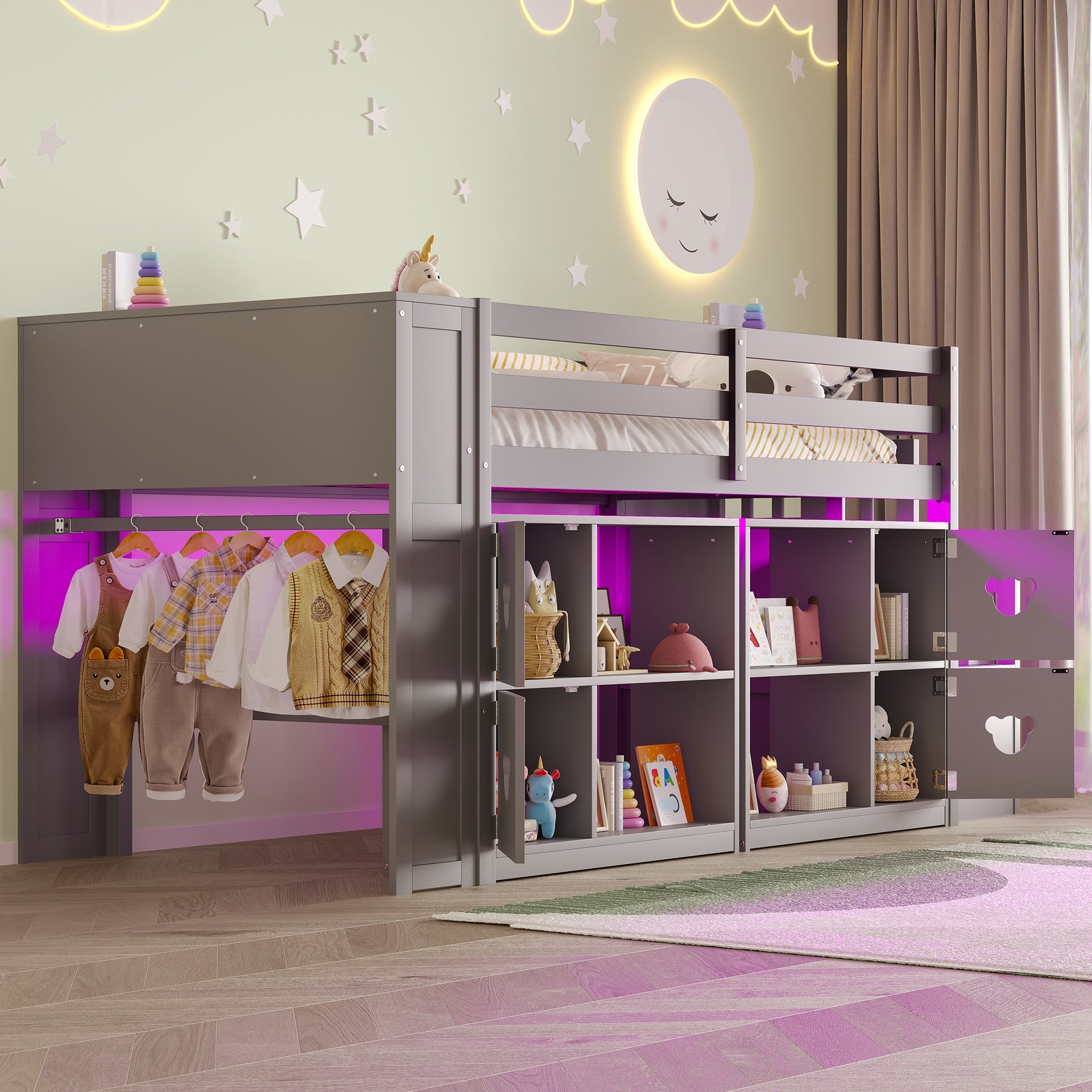 TWIN SIZE LOW LOFT BED WITH SHELVES, STORAGE HEADBOARD, AND STAIR OF GREY COLOR