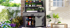 [Assembly Video Provided] TOPMAX 65inch Garden Potting Bench Table, Fir Wood Workstation with Storage Shelf, Drawer and Cabinet, Gray