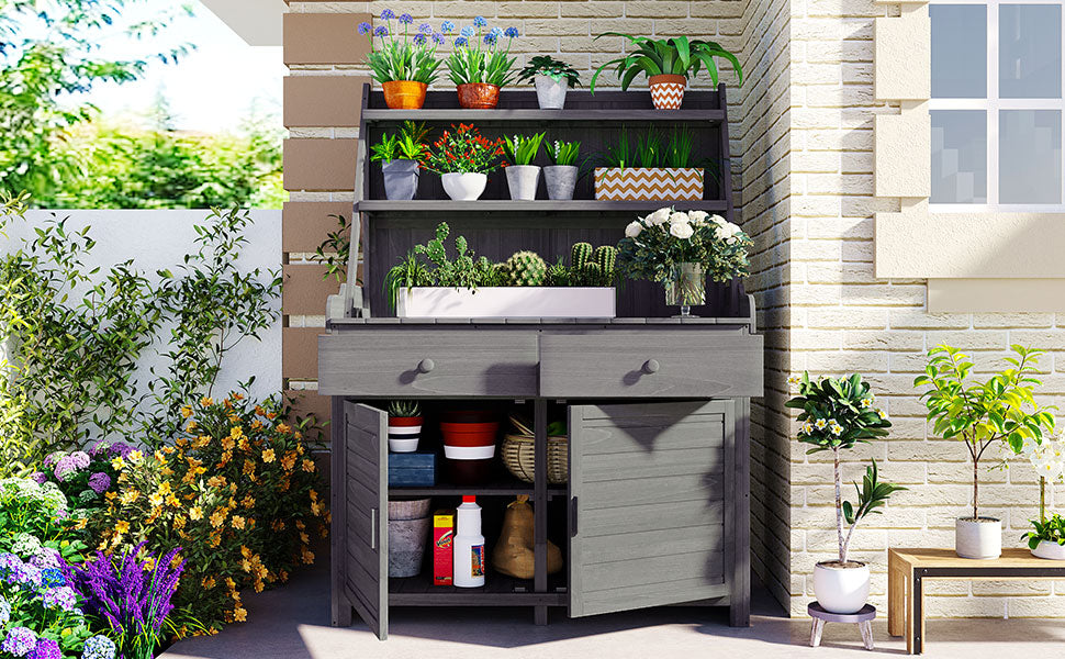 [Assembly Video Provided] TOPMAX 65inch Garden Potting Bench Table, Fir Wood Workstation with Storage Shelf, Drawer and Cabinet, Gray