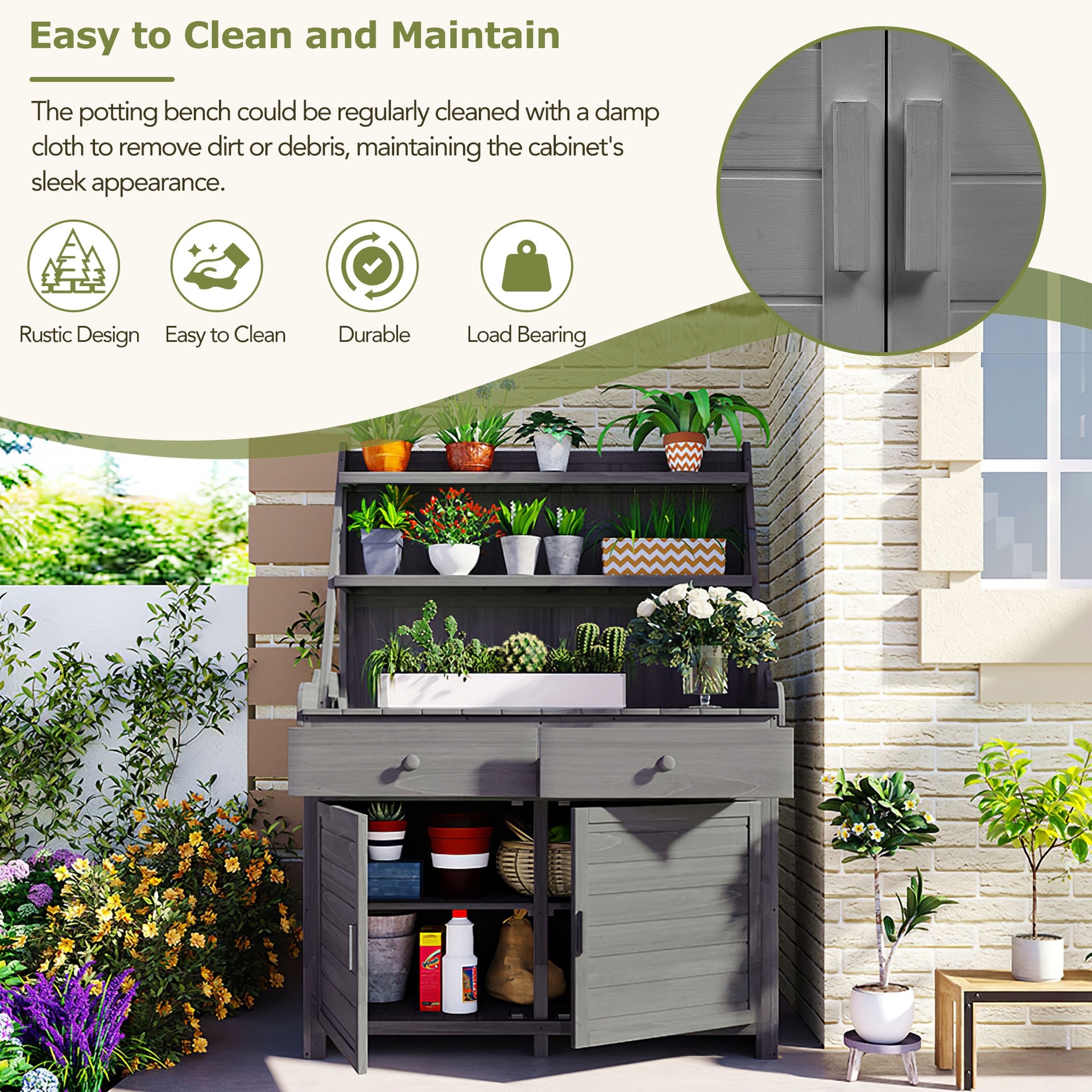 [Assembly Video Provided] TOPMAX 65inch Garden Potting Bench Table, Fir Wood Workstation with Storage Shelf, Drawer and Cabinet, Gray