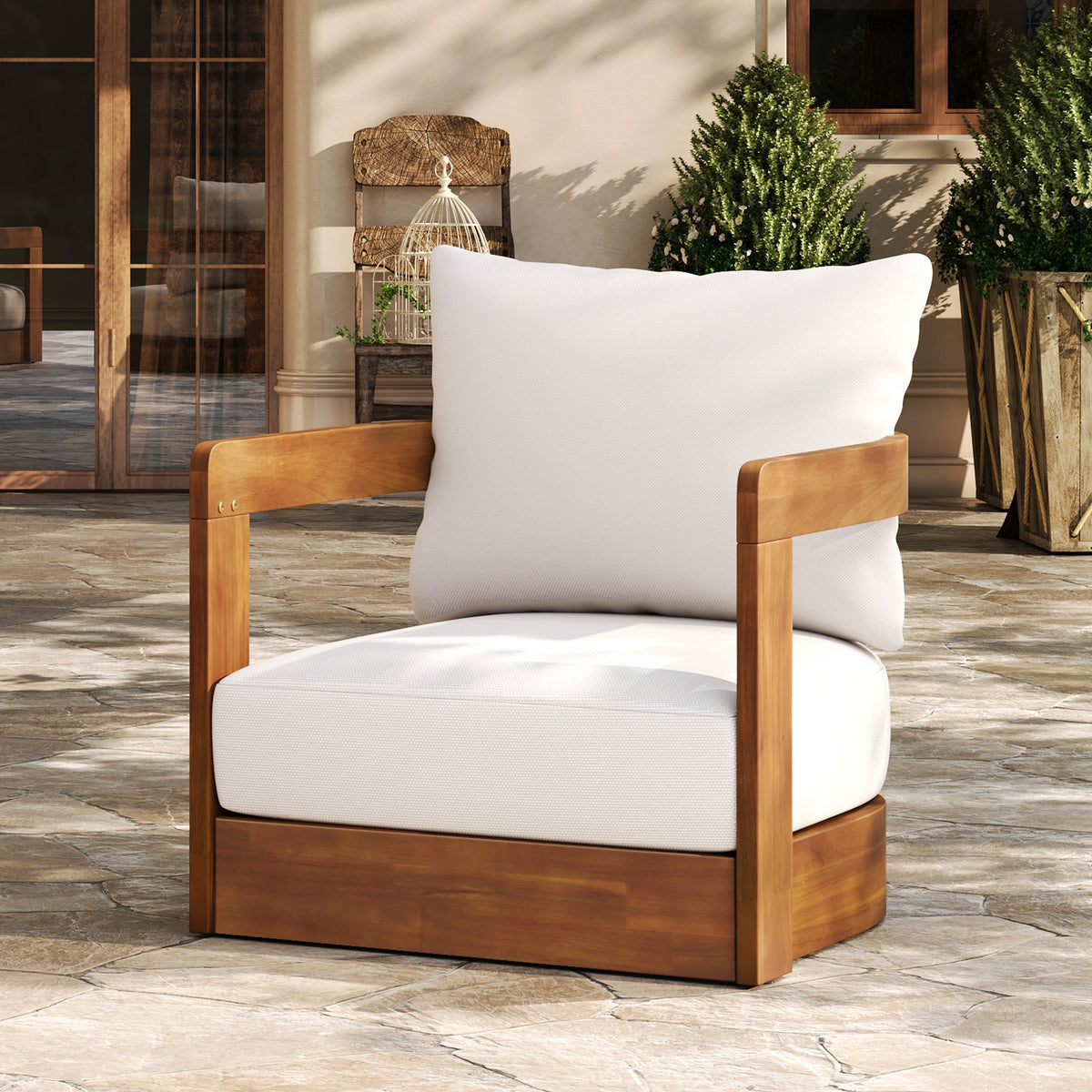 Premium Acacia Wood Outdoor Club Chair, Curved Tub Design, Water-Resistant Cushions, All-Weather Slat Construction