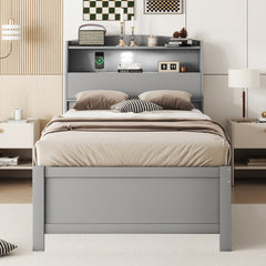 Twin Size Wooden LED Platform Bed with Trundle, with Storage Headboard, with Drawers, Gray