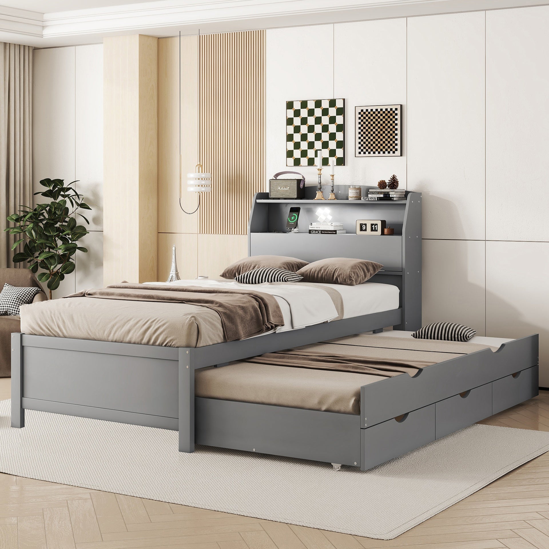 Twin Size Wooden LED Platform Bed with Trundle, with Storage Headboard, with Drawers, Gray