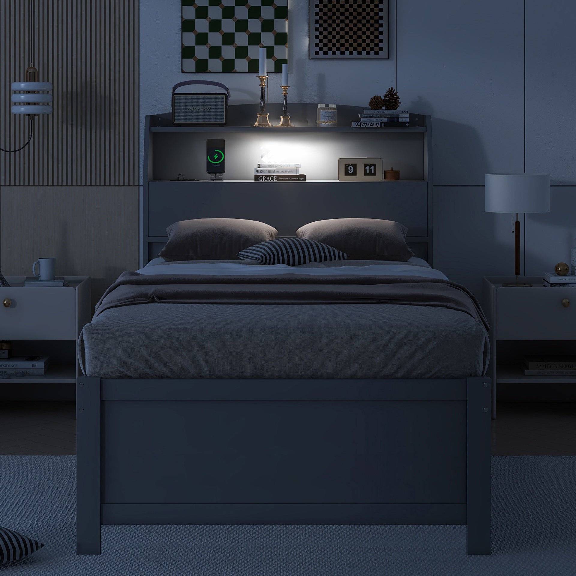 Twin Size Wooden LED Platform Bed with Trundle, with Storage Headboard, with Drawers, Gray