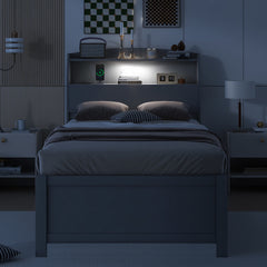 Twin Size Wooden LED Platform Bed with Trundle, with Storage Headboard, with Drawers, Gray