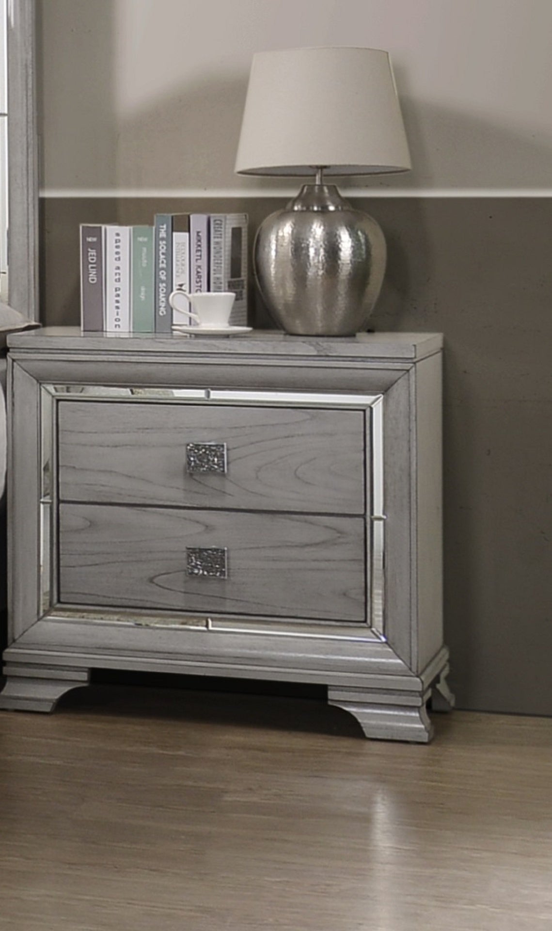 Contemporary 1pc Light Gray Brown Finish 2 Storage Drawer Nightstand End Table Mirrored Accents Beautiful Solid Wood Wooden Bedroom Furniture
