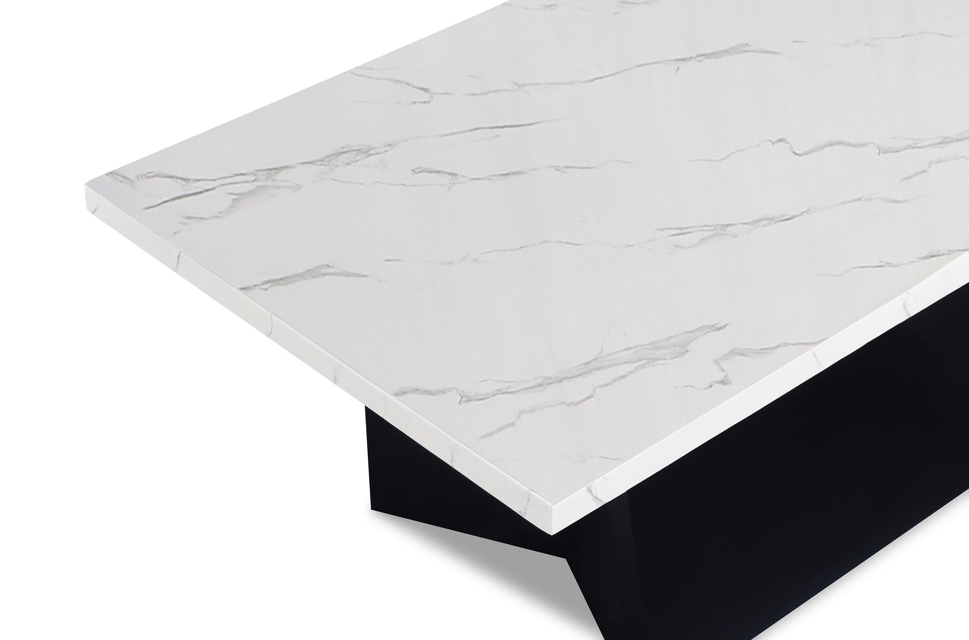 3pc Modern Cocktail Set Coffee Table End Table Luxurious Faux Marble Top Angular Black Base Wooden Living Room Furniture White