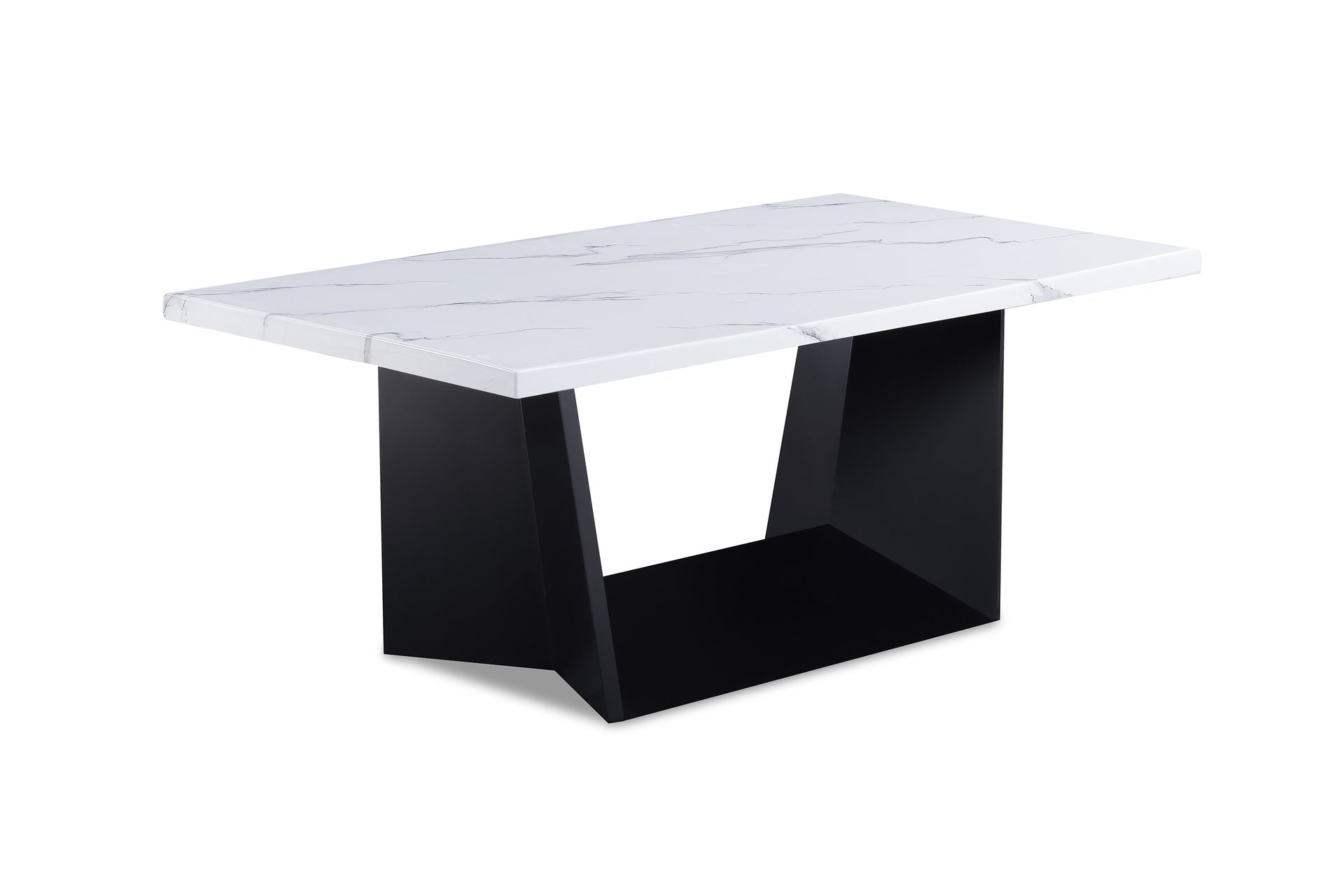 3pc Modern Cocktail Set Coffee Table End Table Luxurious Faux Marble Top Angular Black Base Wooden Living Room Furniture White