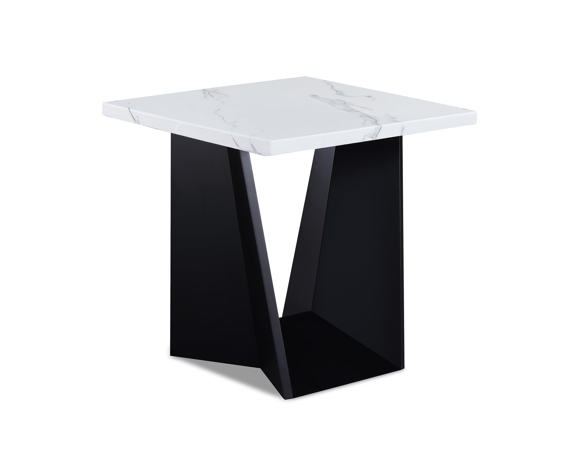 3pc Modern Cocktail Set Coffee Table End Table Luxurious Faux Marble Top Angular Black Base Wooden Living Room Furniture White