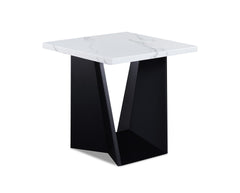 3pc Modern Cocktail Set Coffee Table End Table Luxurious Faux Marble Top Angular Black Base Wooden Living Room Furniture White