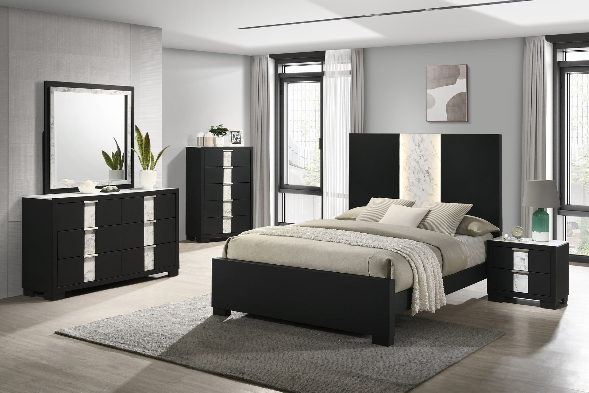 1pc Contemporary Black Finish Nightstand Two Drawers Metal knobs Black White Bedroom Wooden Furniture
