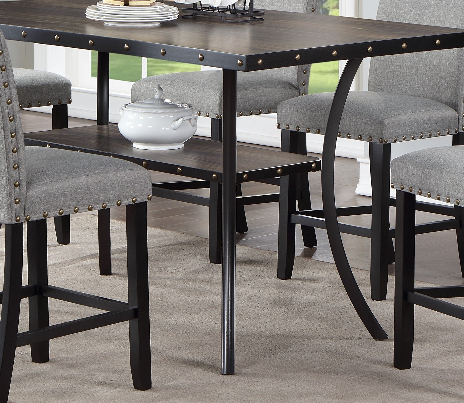 Dining Room Furniture Natural Wooden Rectangular Dining Table 1pc Counter Height Dining Table Only Nailheads and Storage Shelve