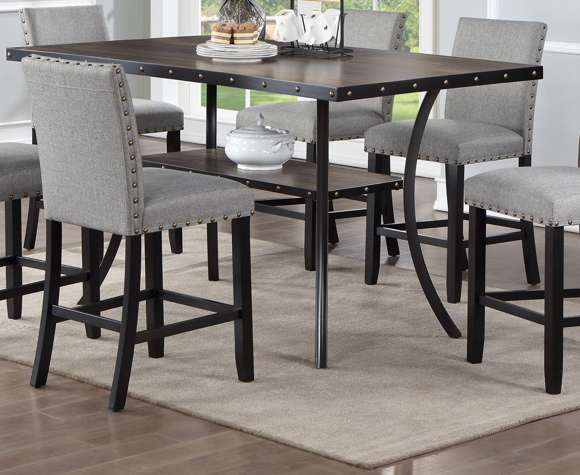 Dining Room Furniture Natural Wooden Rectangular Dining Table 1pc Counter Height Dining Table Only Nailheads and Storage Shelve