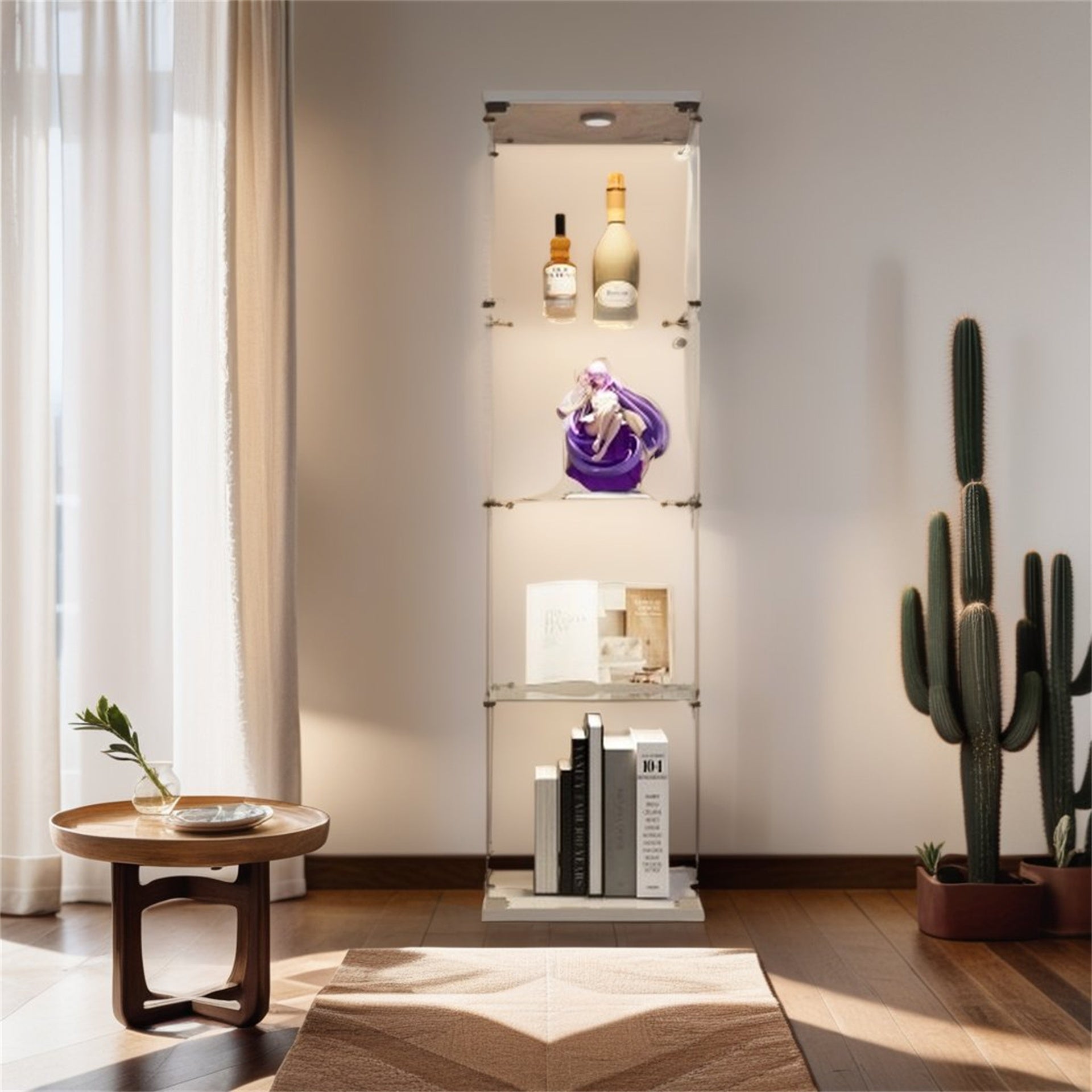 Lighted 4 Shelves Glass Cabinet Glass Display Cabinet with One Door, White