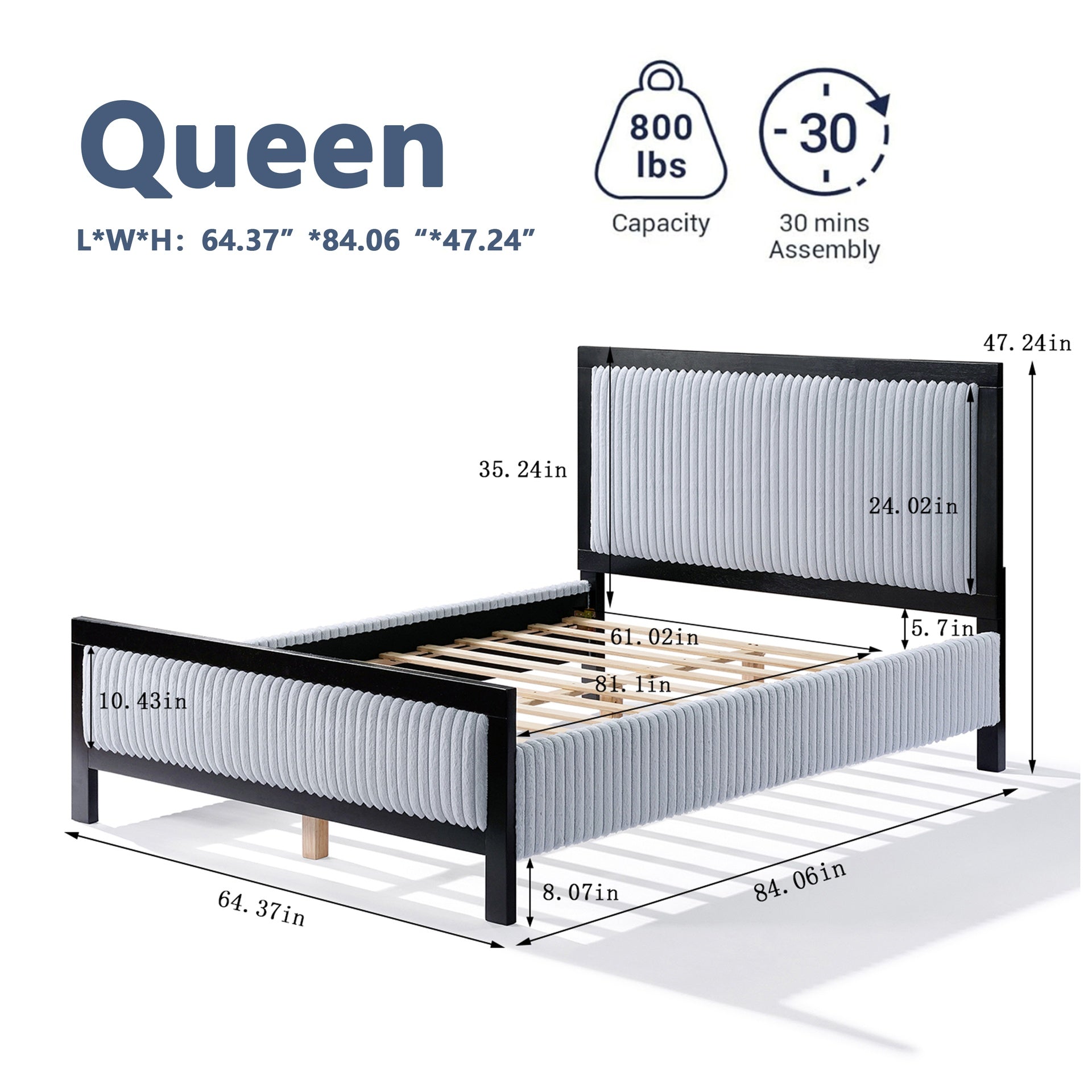 Queen Upholstered Bed with Fluffy Soft Headboard,Grey+Black Frame