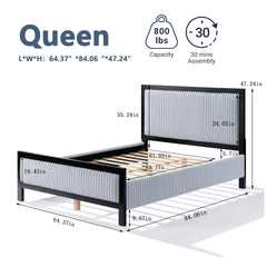 Queen Upholstered Bed with Fluffy Soft Headboard,Grey+Black Frame