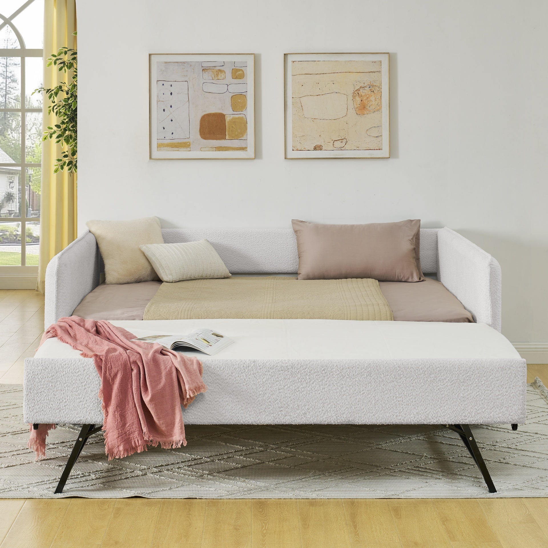 Daybed with Trundle Upholstered Tufted Sofa Bed, Full Size, Boucle Fabric, Beige(83"x58.5"x29.5")