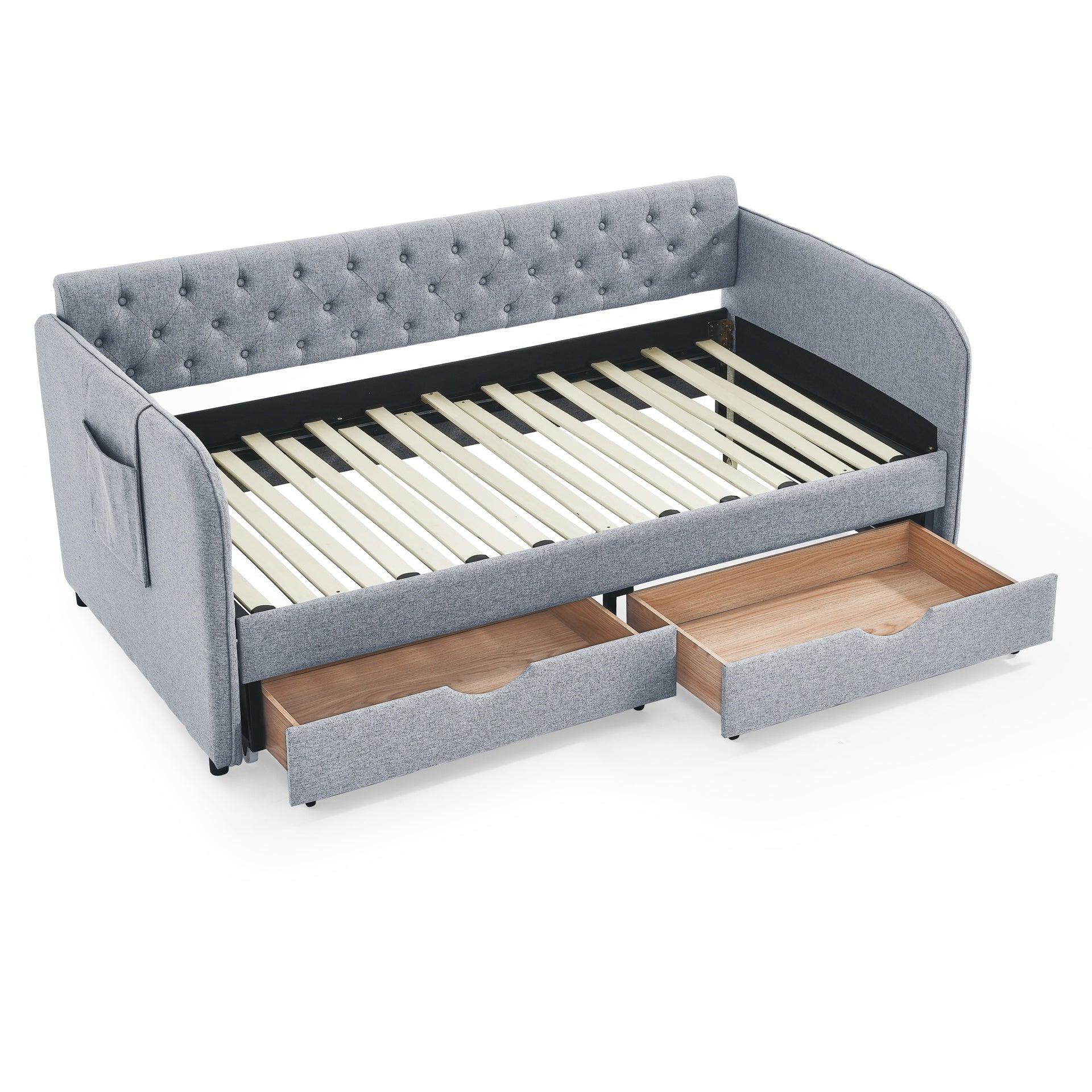 Twin Size Upholstery Daybed with Trundle Bed and Two Storage Drawers , Flat Arms with Pocket, Extendable Daybed for Bedroom Living Room,Linen Grey