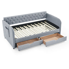 Twin Size Upholstery Daybed with Trundle Bed and Two Storage Drawers , Flat Arms with Pocket, Extendable Daybed for Bedroom Living Room,Linen Grey