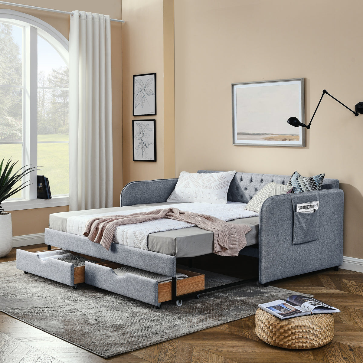Twin Size Upholstery Daybed with Trundle Bed and Two Storage Drawers , Flat Arms with Pocket, Extendable Daybed for Bedroom Living Room,Linen Grey