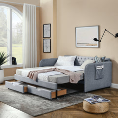 Twin Size Upholstery Daybed with Trundle Bed and Two Storage Drawers , Flat Arms with Pocket, Extendable Daybed for Bedroom Living Room,Linen Grey