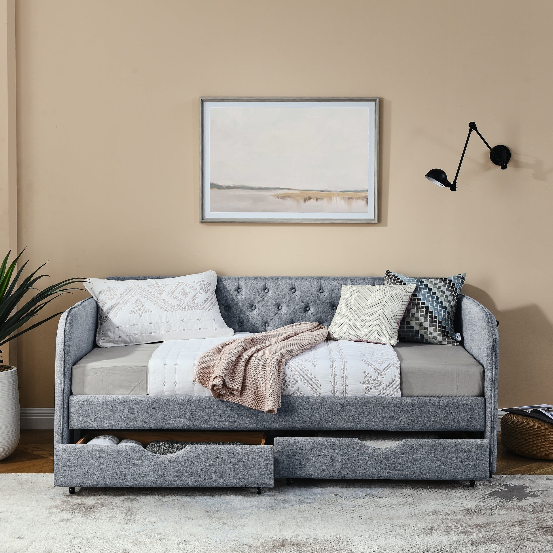 Twin Size Upholstery Daybed with Trundle Bed and Two Storage Drawers , Flat Arms with Pocket, Extendable Daybed for Bedroom Living Room,Linen Grey