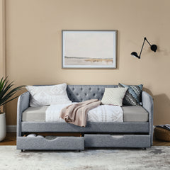 Twin Size Upholstery Daybed with Trundle Bed and Two Storage Drawers , Flat Arms with Pocket, Extendable Daybed for Bedroom Living Room,Linen Grey