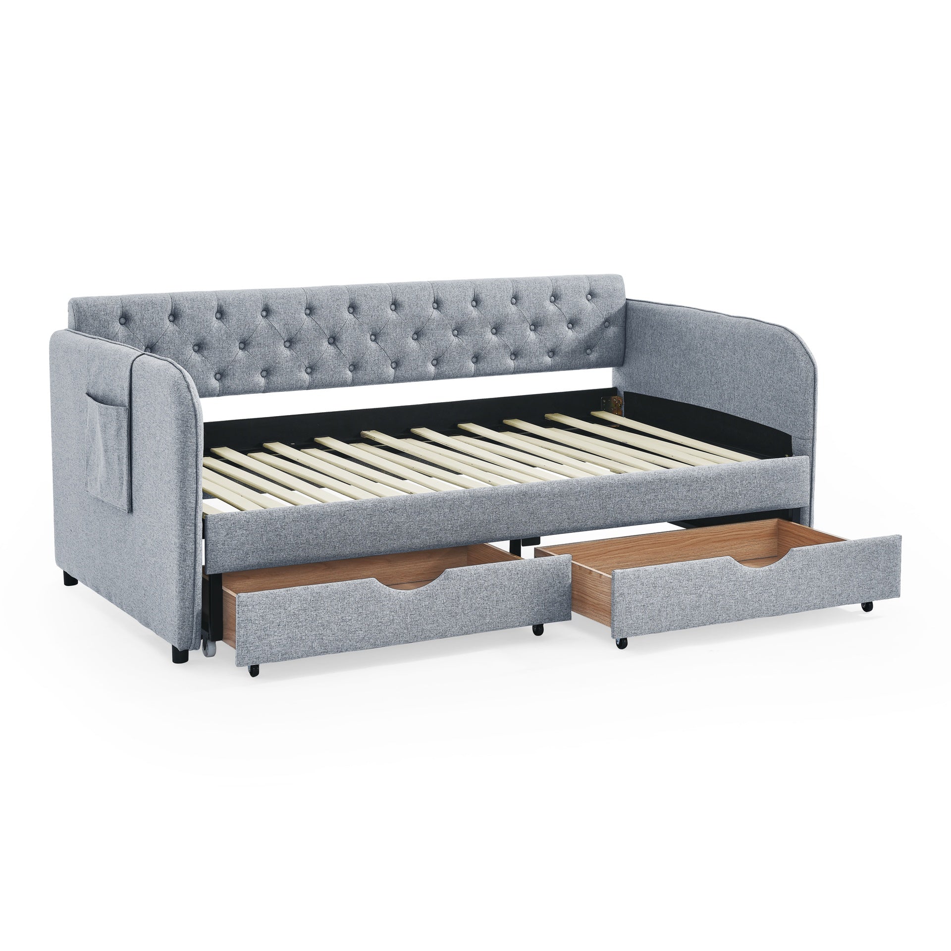 Twin Size Upholstery Daybed with Trundle Bed and Two Storage Drawers , Flat Arms with Pocket, Extendable Daybed for Bedroom Living Room,Linen Grey