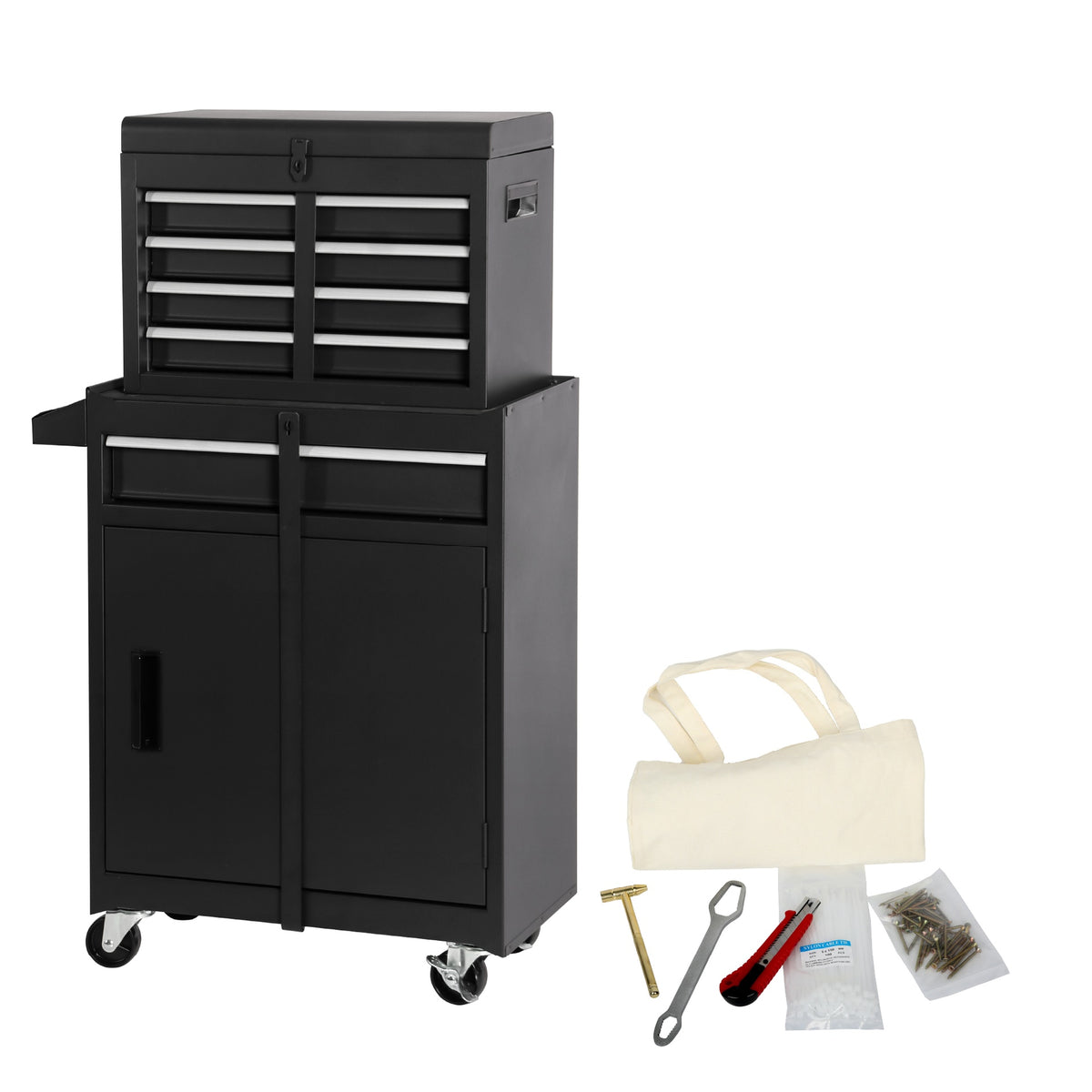 Tool Chest, 5-Drawer Rolling Tool Storage Cabinet with Detachable Top Tool Box, Liner, Universal Lockable Wheels, Adjustable Shelf, Locking Mechanism, Metal Tool Cart ,154pcs tools