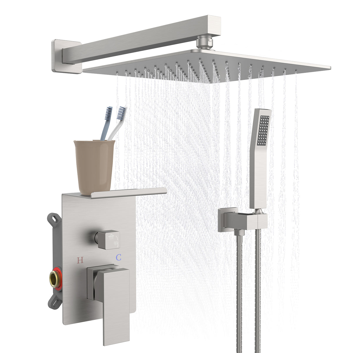 Rainfall Shower System With Storage Rack 10 inch Shower Faucet Set Brushed Nickel with High Pressure with Square Shower Head Luxury Shower Set Wall Mount