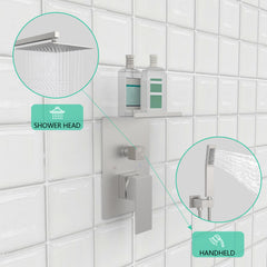 Rainfall Shower System With Storage Rack 10 inch Shower Faucet Set Brushed Nickel with High Pressure with Square Shower Head Luxury Shower Set Wall Mount