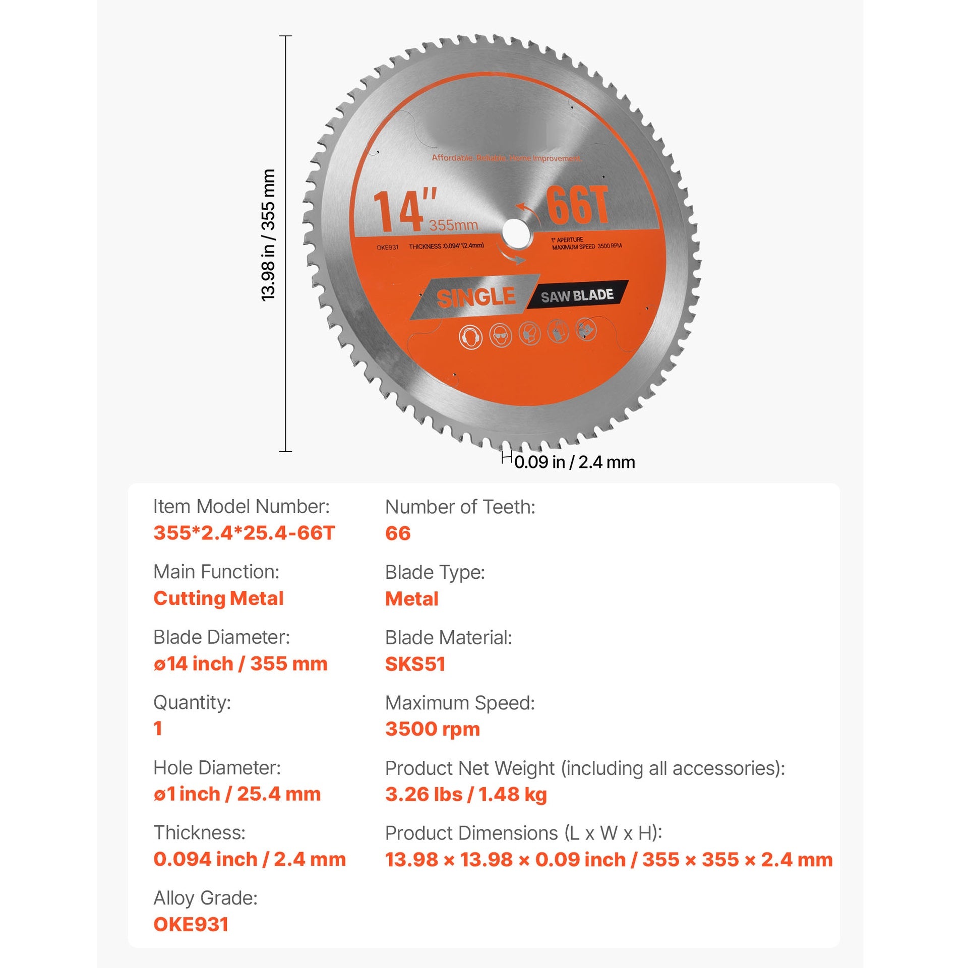 Circular Saw Blade Metal Cutting Blade for Circular Saw 14 in 66 Teeth