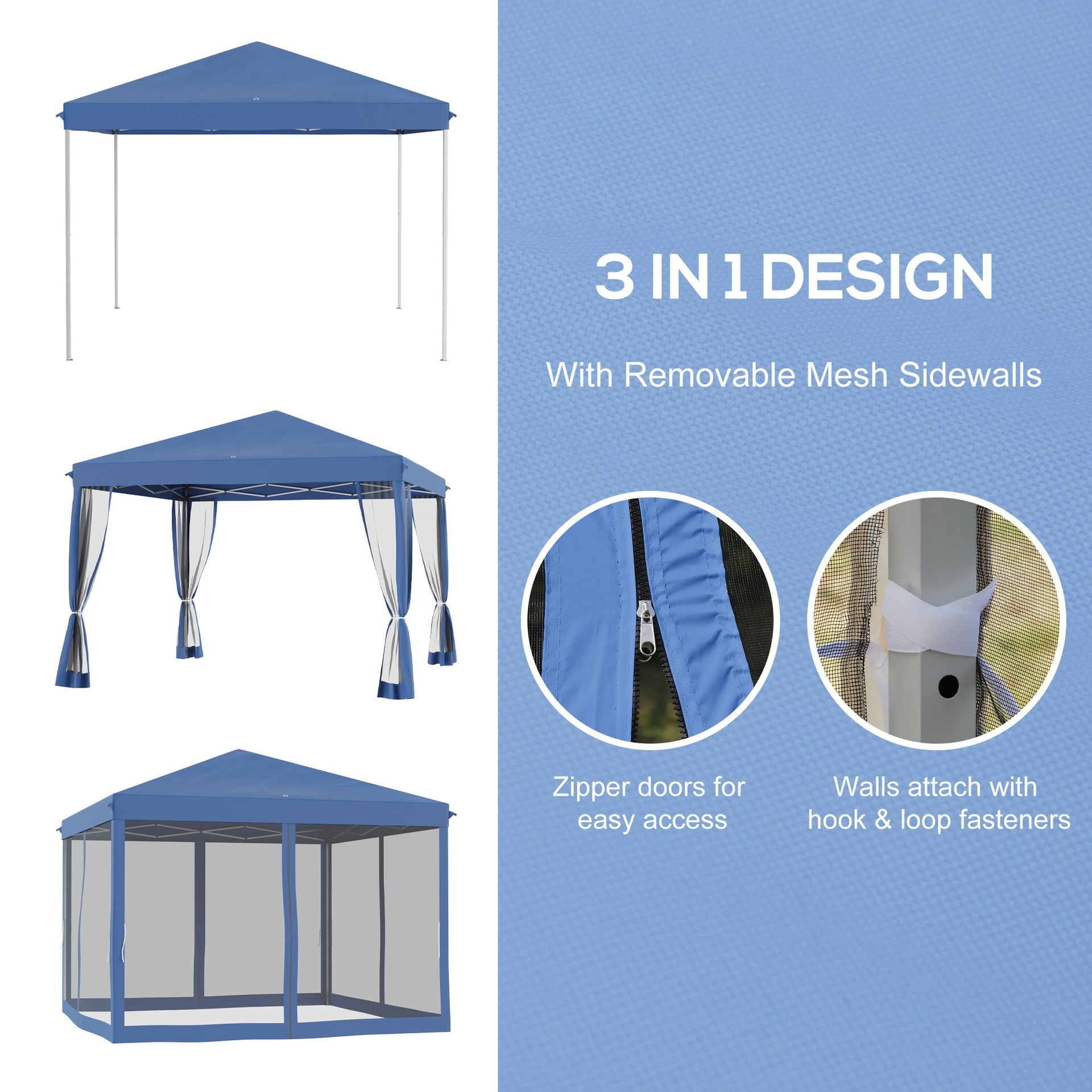 Outsunny 10' x 10' Pop Up Canopy Tent with Netting, Instant Gazebo, Ez up Screen House Room with Carry Bag, Height Adjustable, for Outdoor, Garden, Patio, Blue