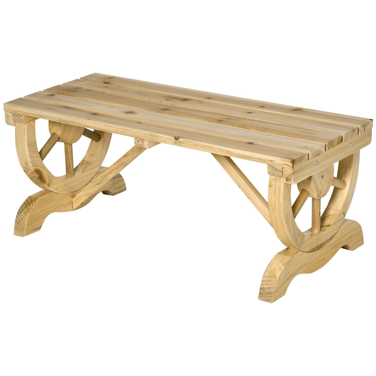 Outsunny 2-Person Wooden Garden Bench, Outdoor Wagon Wheel Porch Bench for Backyard Garden, Support 550 LBS, Rustic Country Style Patio Furniture, Natural