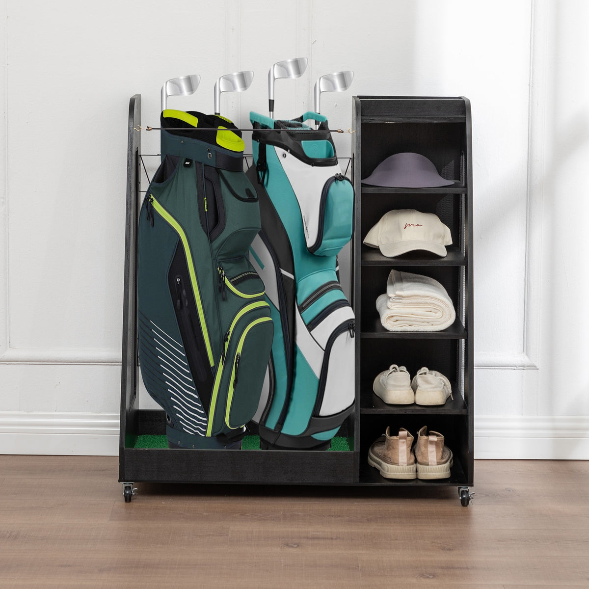 Golf Bag Organizer for Garage, Premium Wooden Golf Clubs Storage Rack Fit 2 Golf Bags, Golf Trunk Organizer for Car Garage Club Shed Basement,Black