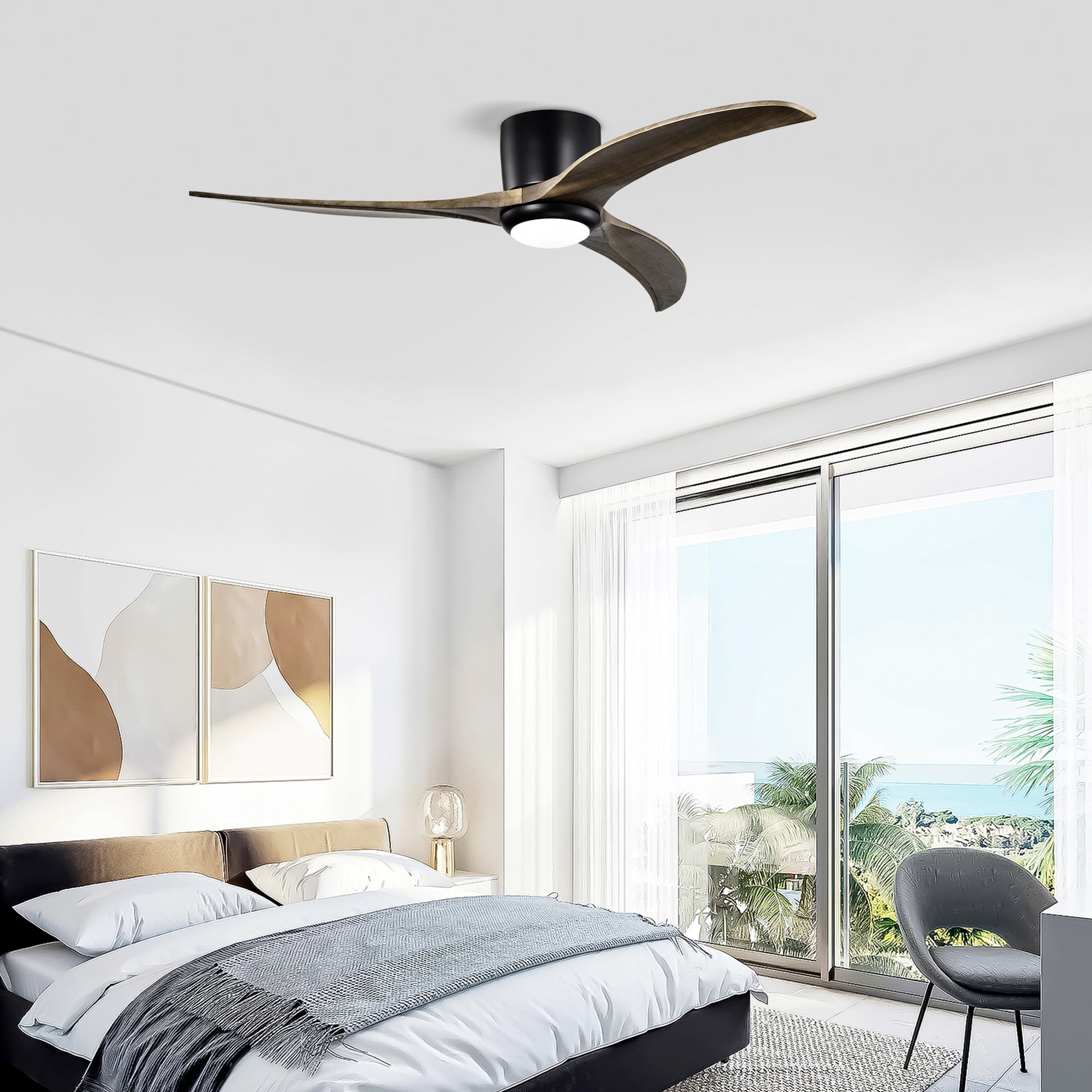 52" Flush Mount Solid Wood Blades Ceiling Fan with Lights Remote Control,Quiet DC Motor, 6 Speed ,Reversible Ceiling Fan for Patio Living Room, Bedroom, Office,Indoor.(Matte Black )