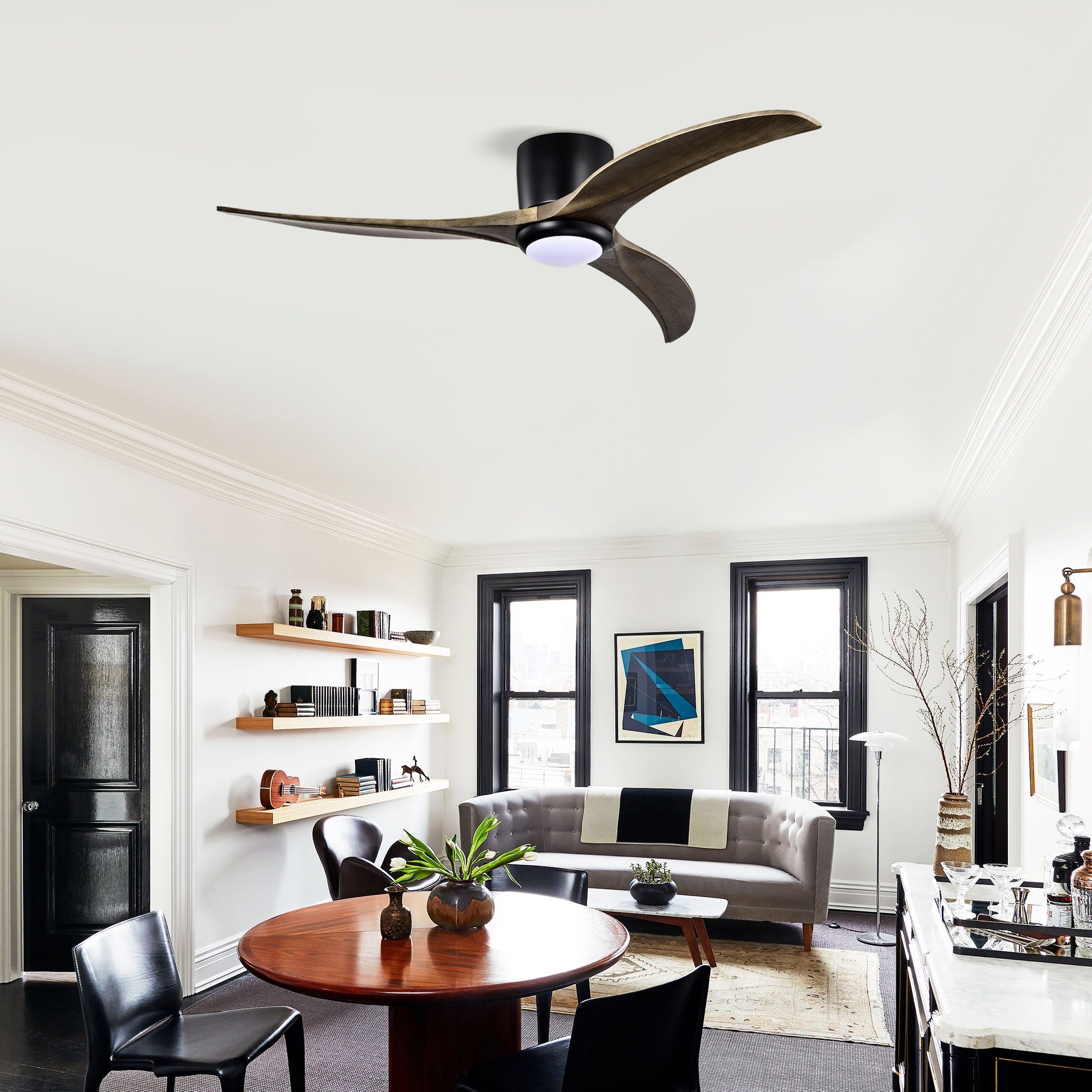 52" Flush Mount Solid Wood Blades Ceiling Fan with Lights Remote Control,Quiet DC Motor, 6 Speed ,Reversible Ceiling Fan for Patio Living Room, Bedroom, Office,Indoor.(Matte Black )