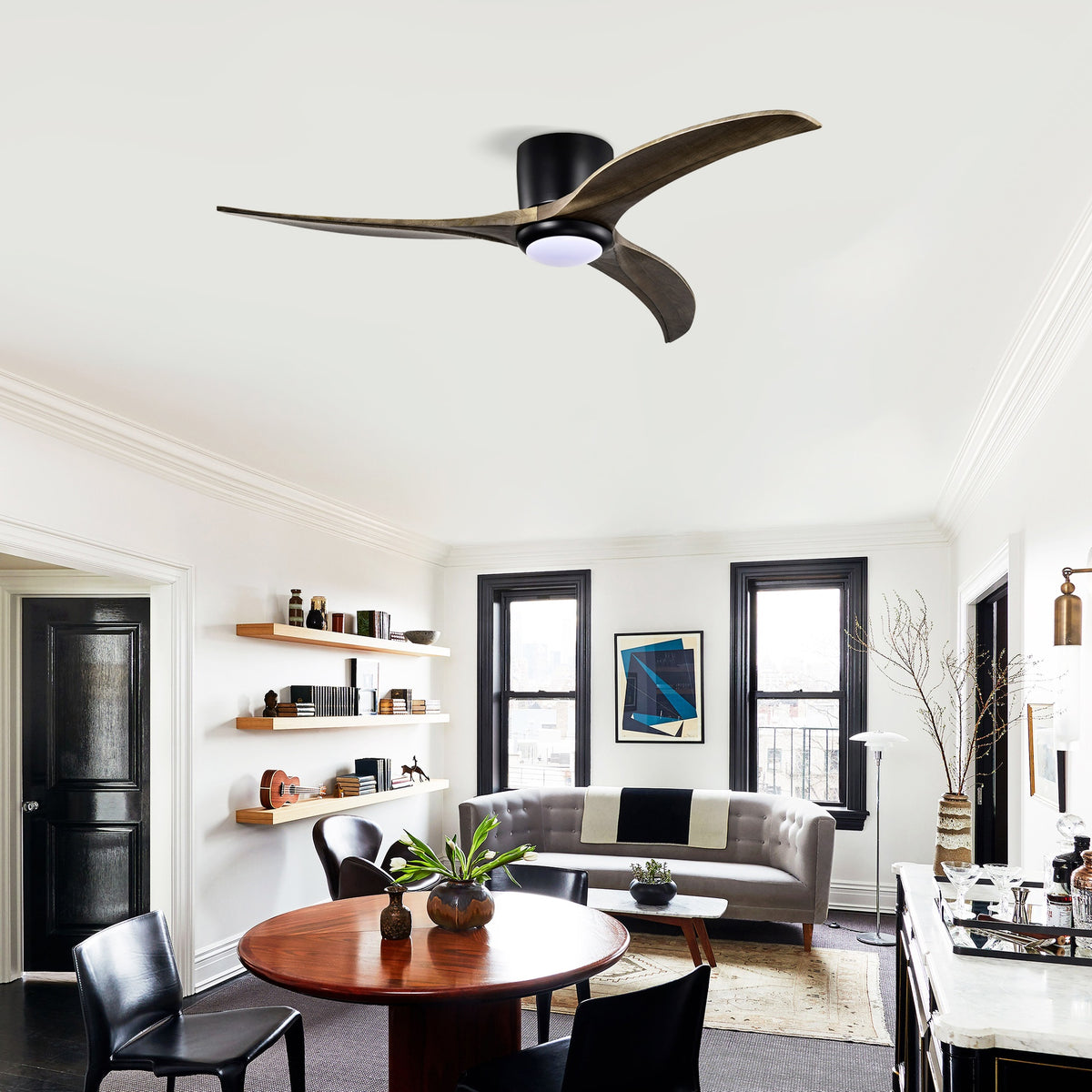 52" Flush Mount Solid Wood Blades Ceiling Fan with Lights Remote Control,Quiet DC Motor, 6 Speed ,Reversible Ceiling Fan for Patio Living Room, Bedroom, Office,Indoor.(Matte Black )