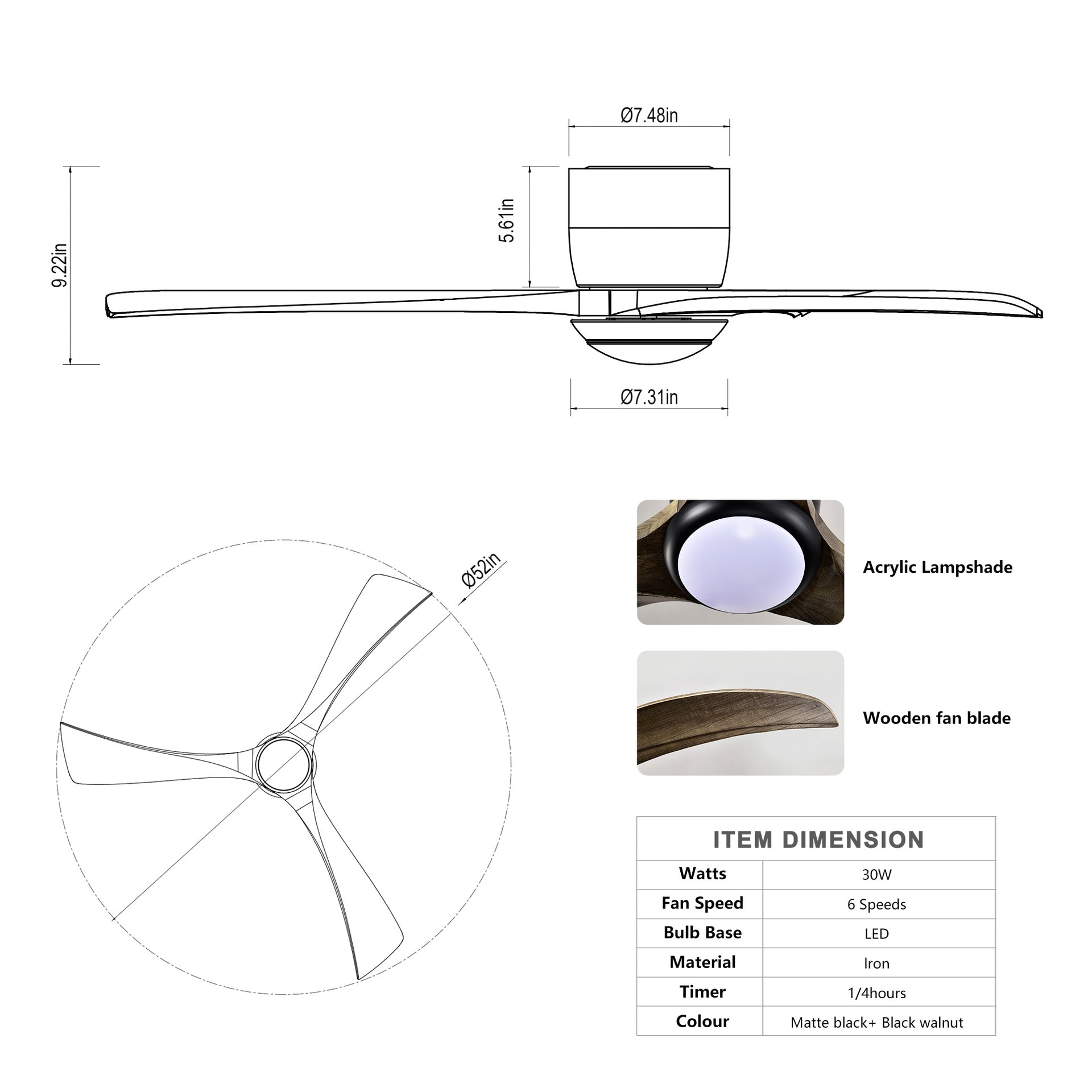 52" Flush Mount Solid Wood Blades Ceiling Fan with Lights Remote Control,Quiet DC Motor, 6 Speed ,Reversible Ceiling Fan for Patio Living Room, Bedroom, Office,Indoor.(Matte Black )