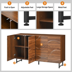 Modern Art Solid Wood Sideboard,59*16*35inch, Wave Relief Design, Walnut Texture, Iron Legs, Living Room Storage Cabinet