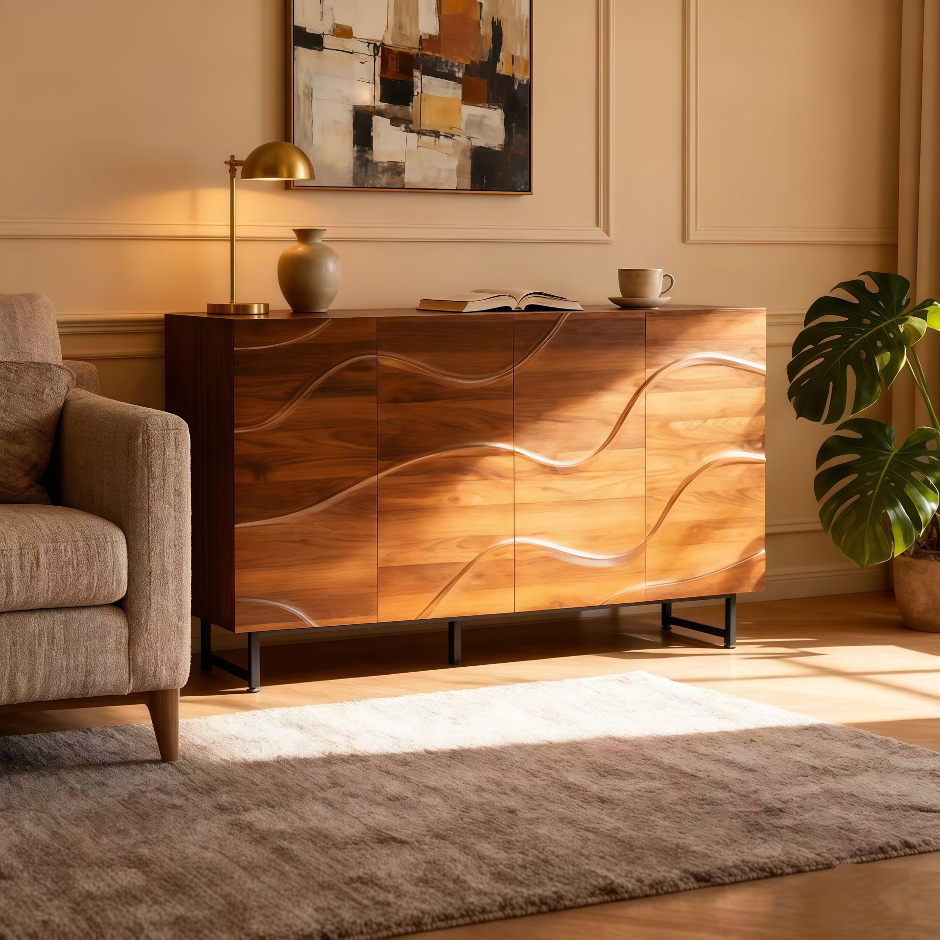 Modern Art Solid Wood Sideboard,59*16*35inch, Wave Relief Design, Walnut Texture, Iron Legs, Living Room Storage Cabinet