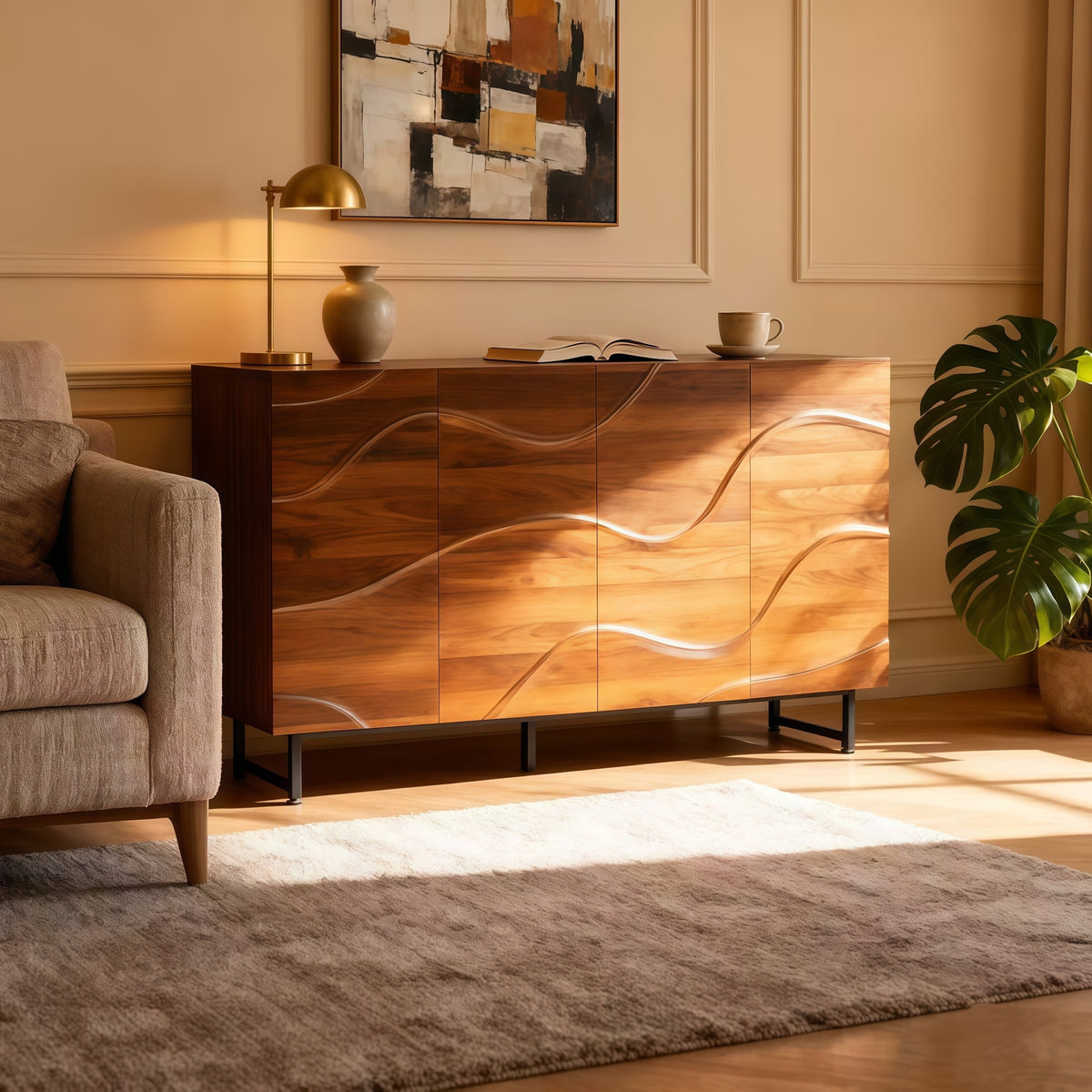 Modern Art Solid Wood Sideboard,59*16*35inch, Wave Relief Design, Walnut Texture, Iron Legs, Living Room Storage Cabinet
