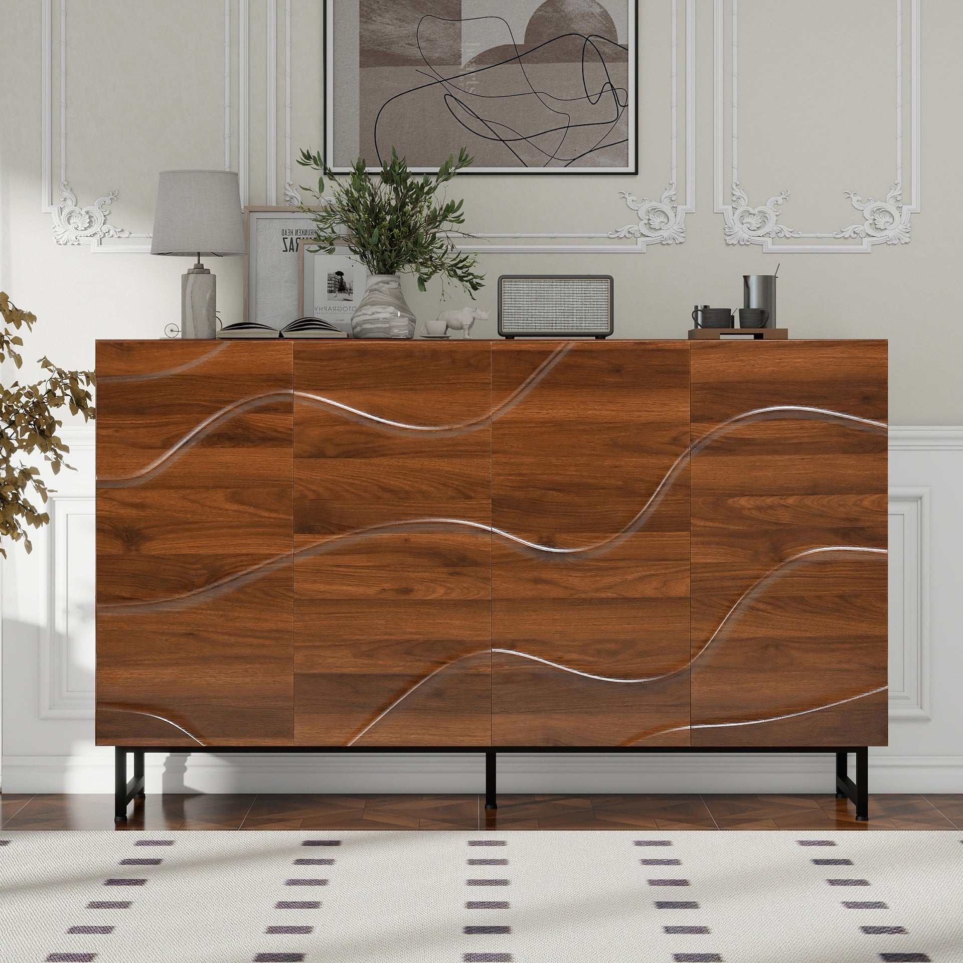 Modern Art Solid Wood Sideboard,59*16*35inch, Wave Relief Design, Walnut Texture, Iron Legs, Living Room Storage Cabinet