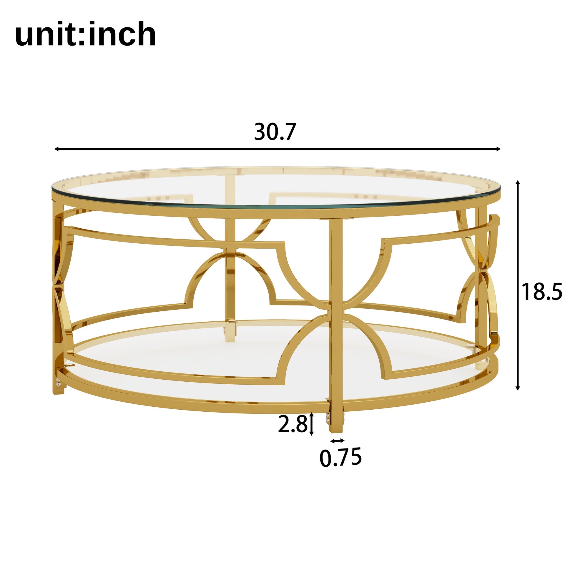 Round Tempered Glass Coffee Table in 30.7",Luxurious Geometric Metal Frame,Gold Finish & Lower Shelf, Transparent