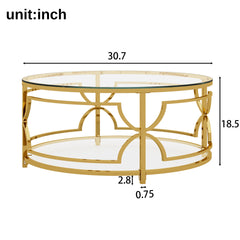 Round Tempered Glass Coffee Table in 30.7",Luxurious Geometric Metal Frame,Gold Finish & Lower Shelf, Transparent